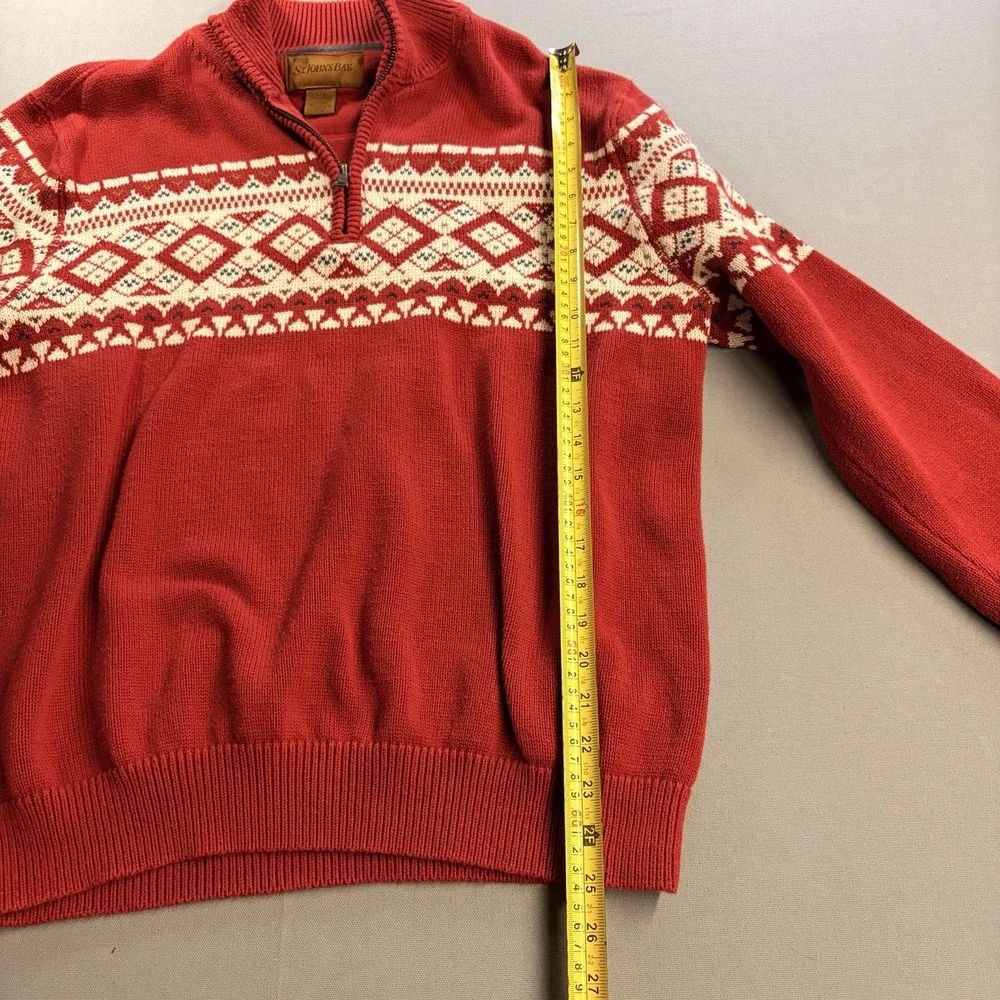 St Johns Bay Mens Large Red Fair Isle Nordic Quarter Zip Cotton Sweater